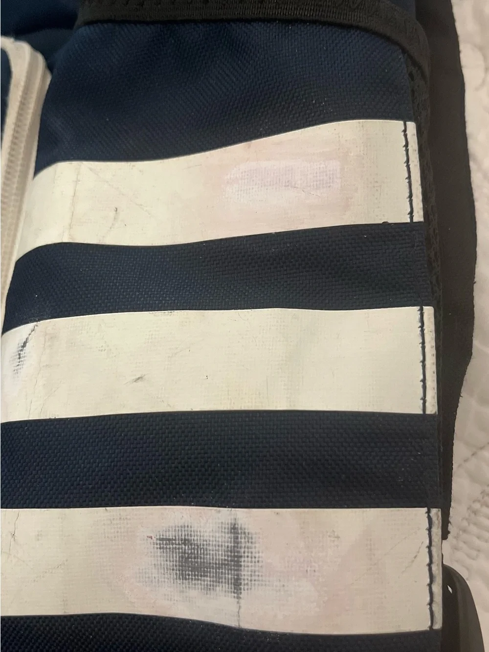 🎒 Adidas Navy Blue Backpack with Grey Base and White Stripes